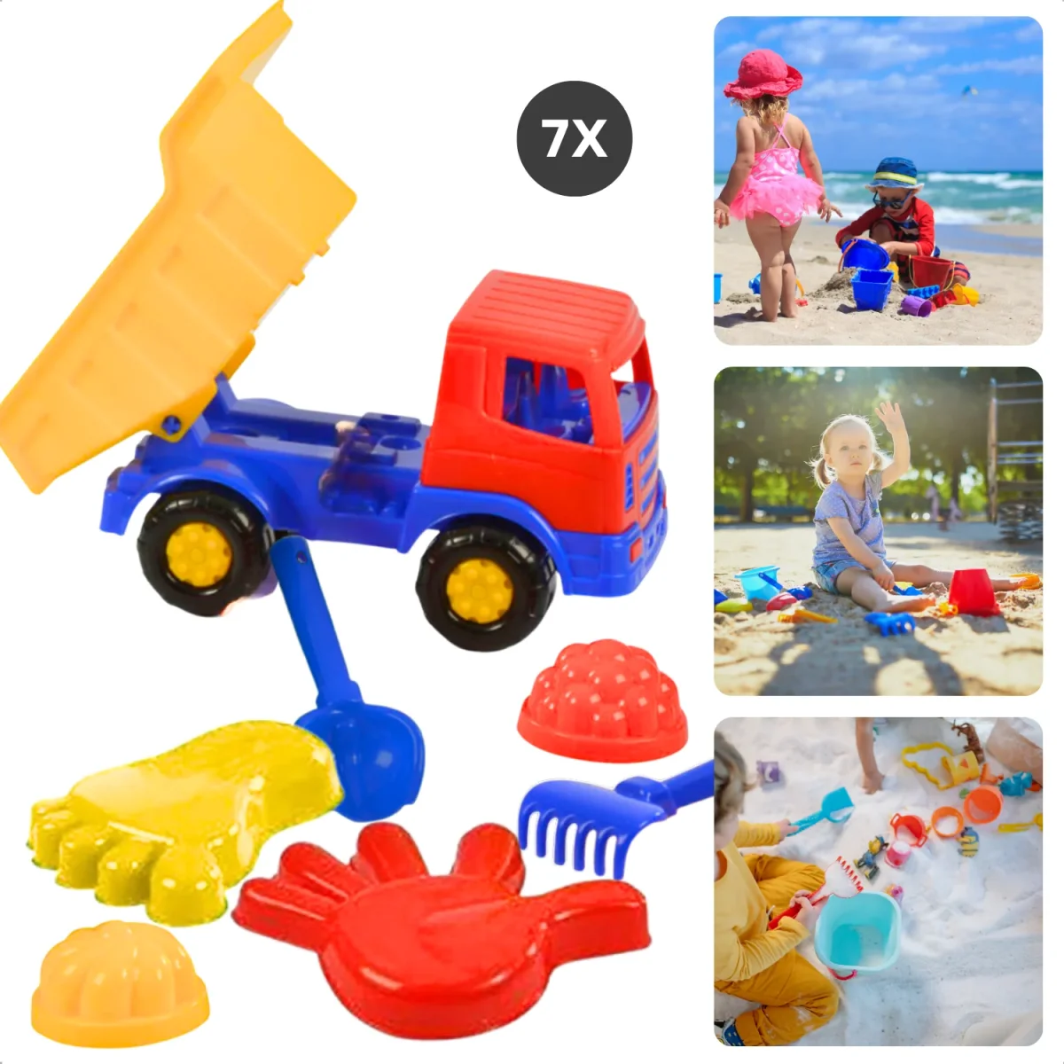 Cheqo® Strandset Speelgoed met Zandvormpjes - 7-Delig Zandbak Speelset met Truck - Voor Kinderen - Duurzaam Plastic - Afbeelding 2