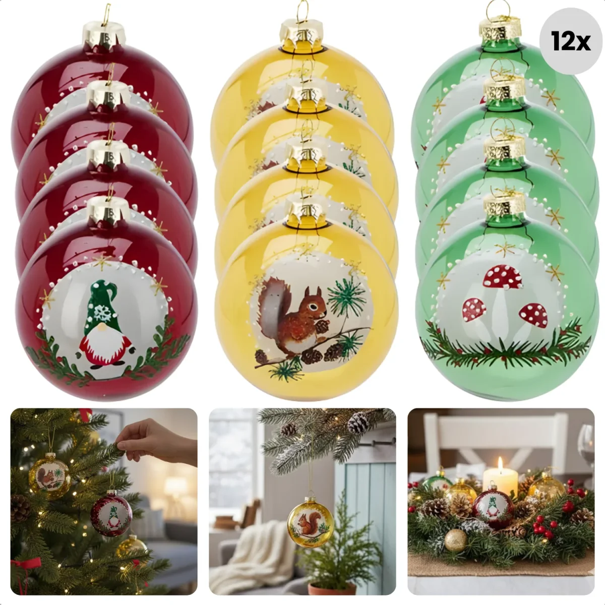 Cheqo® Glazen Kerstballen - Set Van 12 - Glanzend Kerstballen - Traditionele Kerstballen - Rode Kerstballen - Gele Kerstballen - Groene Kerstballen - Kerstboomversiering - Kerstdecoratie - Glazen Ornamenten - Kerstbal Set - Afbeelding 2