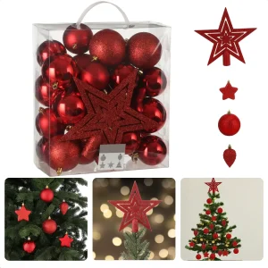 Cheqo® Kerstballen Set - Kerstbal Set - Rood - Kerstboom Versiering Set - Onbreekbare Rode Kunststof Ornamenten - 40 Stuks - 8 cm