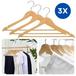 Cheqo® Houten Kledinghangers - Kleerhangers - Kleding Hangers - Set van 3 - Met Broekstang - Duurzaam en Draaibare Haak