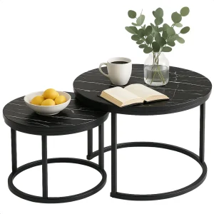 Cheqo® Industriële Bijzettafels Set - Modern Design - Bijzettafel Set - Bijzet Tafel - Salontafel Industrieel - Zwart MDF & Metaal