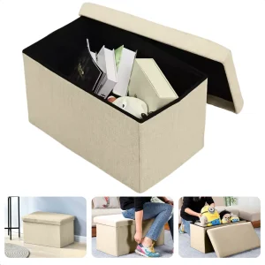 Cheqo® Opvouwbare Poef Met Opbergruimte - Beige - Grote Opbergbox - Organizer - Voetenbankje - Hocker - MDF en Katoen