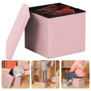Cheqo® Opvouwbare Poef Met Opbergruimte - Roze - Opbergbox - Organizer - Voetenbankje - Hocker - MDF en Katoen