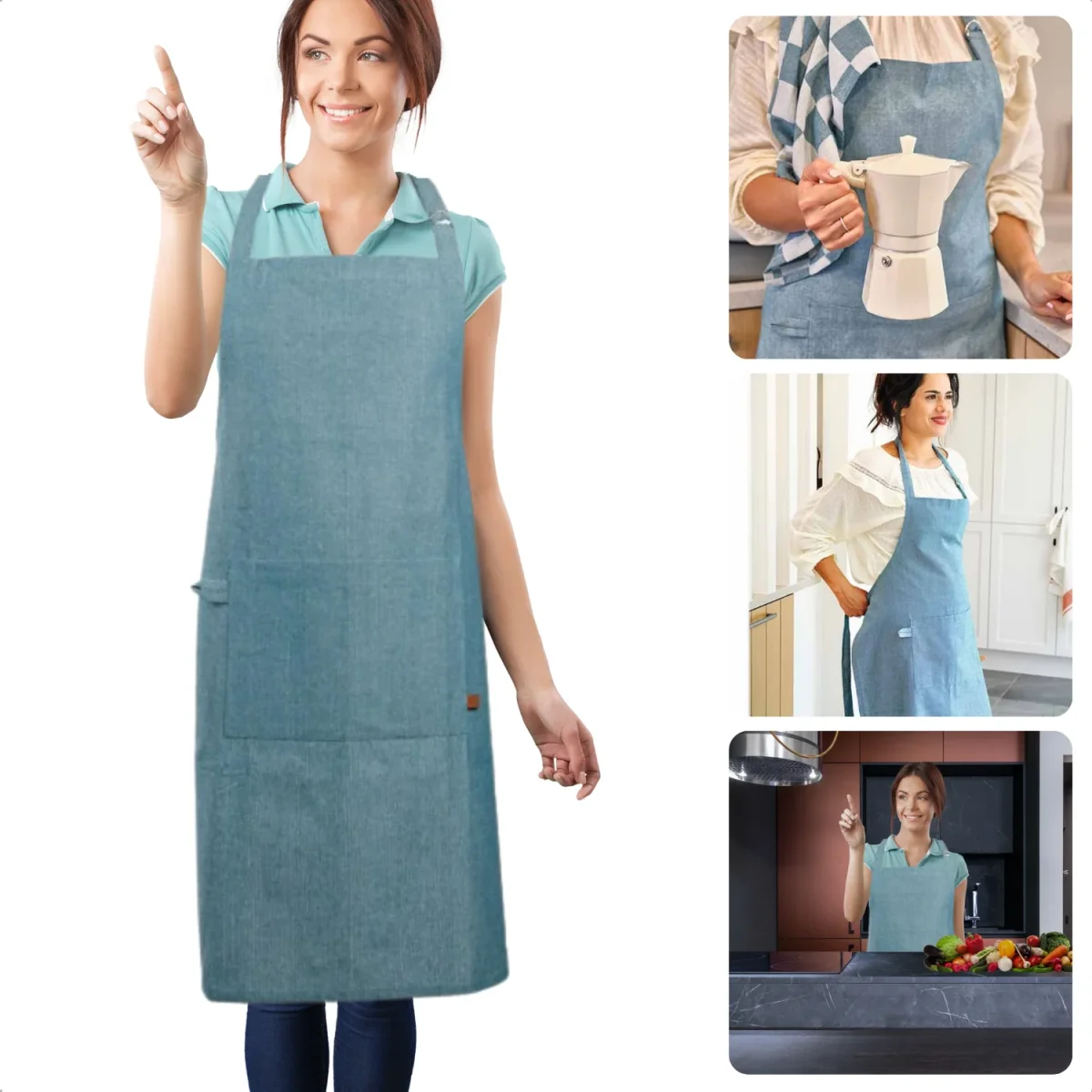 Cheqo® Blauw Katoen Keukenschort - Kookschort - Schort - Verstelbaar Unisex - Met Zakken - Duurzaam Koken - Afbeelding 2
