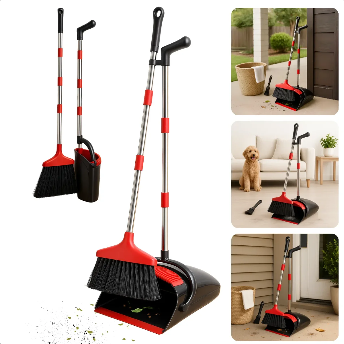 Cheqo® Stoffer en Blik met Lange Steel- Verstelbaar tot 145 cm - Bezem voor Binnen en Buiten - Zwart en Rood