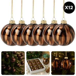 Cheqo® Glazen Kerstballen - Set van 12 - Bruine Kerstballen - 8 CM Diameter - Glanzende Kerstballen - Kerstboomversiering - Kerstversiering - Bruin met Zwart en Goud - Goudkleurig Kapje - Kerstbal Set - Glazen Kerstornamenten - Bruine Tinten