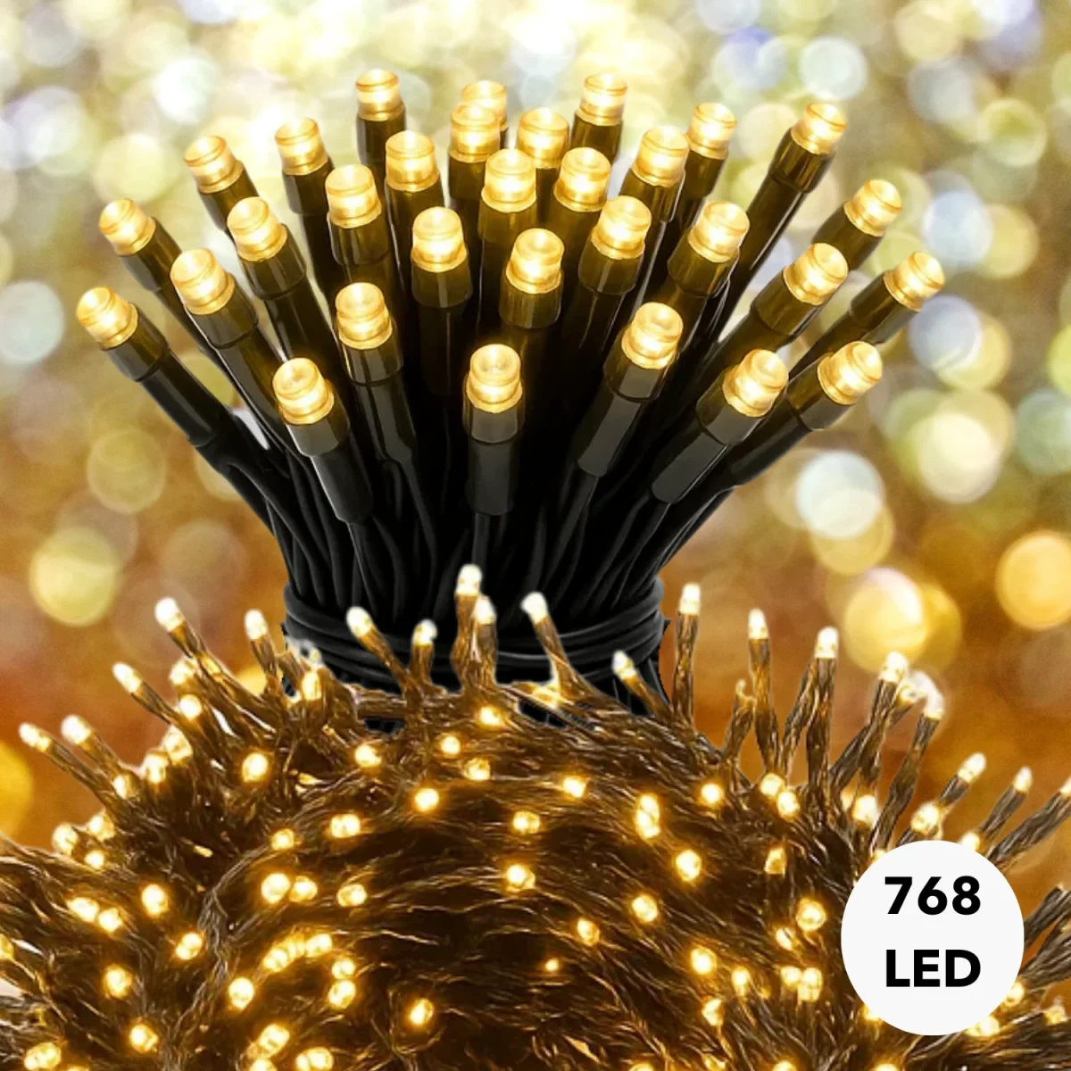 Cheqo® Kerstverlichting - Kerstlampjes - Kerstboomverlichting - Extra Warm Wit - 768 LED - 8 Lichtfuncties - Automatische Timer - Binnen en Buiten - IP44 Adapter - Zwart Snoer - 990 CM Lengte - Geheugenfunctie - Clusterverlichting