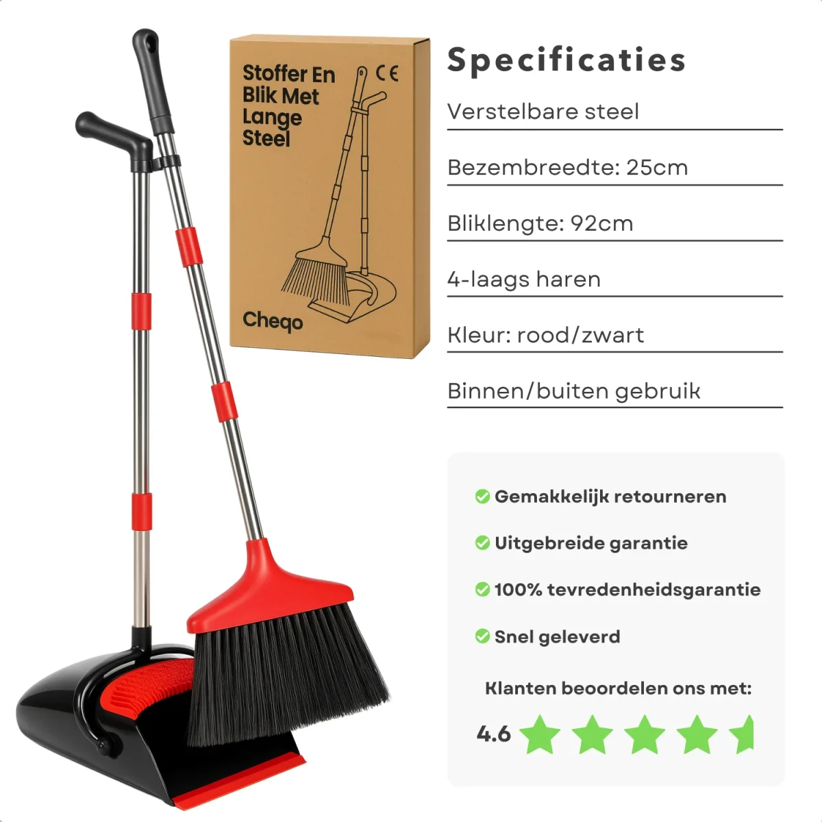Cheqo® Stoffer en Blik met Lange Steel- Verstelbaar tot 145 cm - Bezem voor Binnen en Buiten - Zwart en Rood - Afbeelding 3