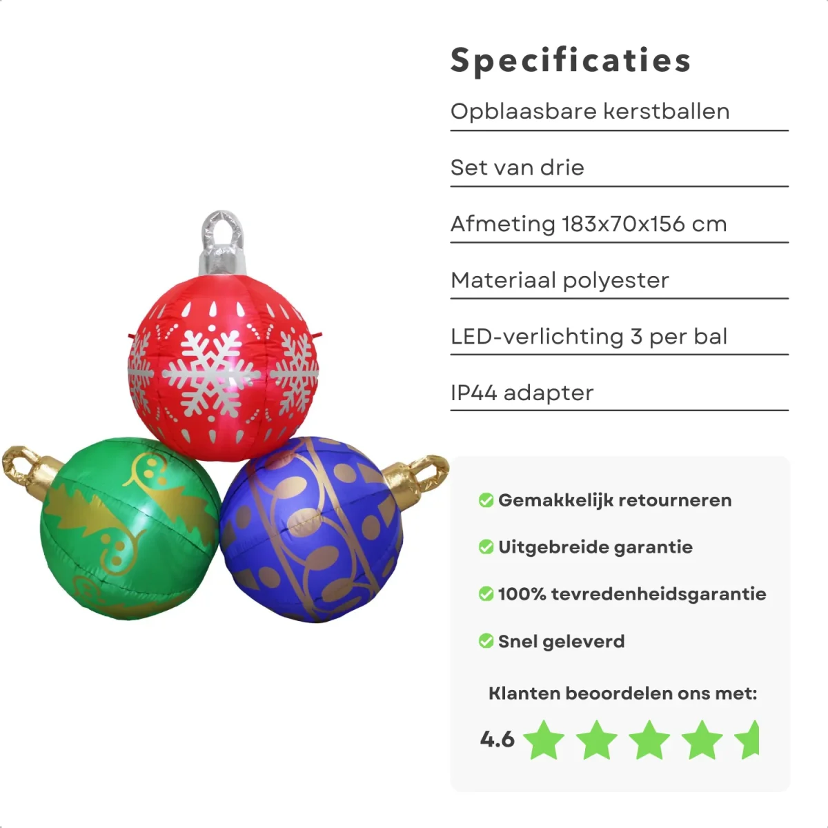 Cheqo® Opblaasbare Kerstballen XL - Kerstballen Verlicht - LED Kerstverluchting - Kerstdecoratie Set van 3 - Afbeelding 3