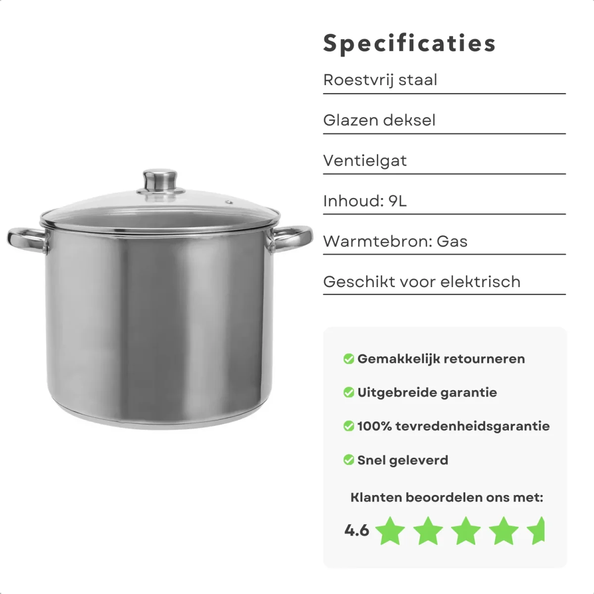 Cheqo® RVS Kookpan 9L - Pan - Soeppan met Glazen Deksel - Geschikt voor Gas en Inductie - Roestvrij Staal - Afbeelding 3