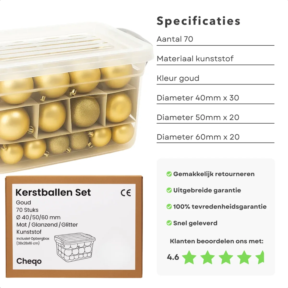 Cheqo® Kerstballen Set Goud - 70 Stuks Kerstballen - Kunststof Kerstballen - Opbergbox Inbegrepen - Mat Glanzend Glitter - Opbergdoos - Kerstversiering Goud - Kerstboom Decoratie - Gouden Kerstballen - Afsluitbaar Deksel - Afbeelding 3