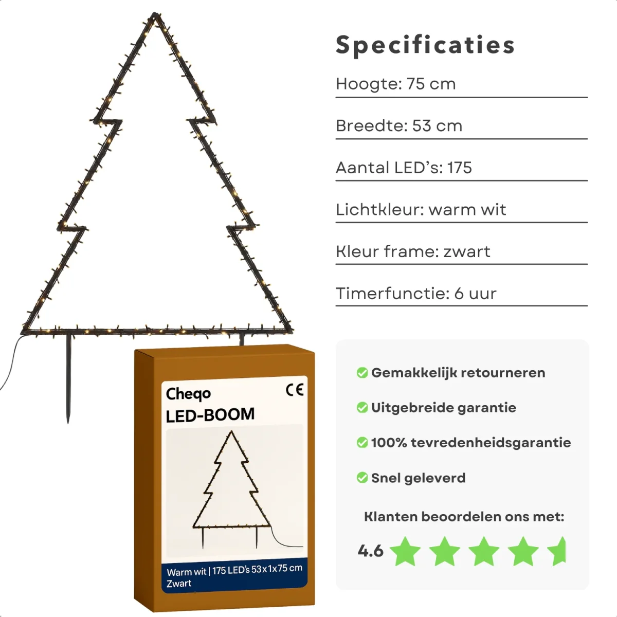Cheqo® Led Kerstboom - Tuin Kerst Decoratie - Warm Wit - 175 Leds - 8 Lichtfuncties - Automatische Timer - Buitenverlichting - Decoratieve Verlichting - Kerstverlichting - Kerstdecoratie - Tuin Kerstboom Prikspot - Afbeelding 3
