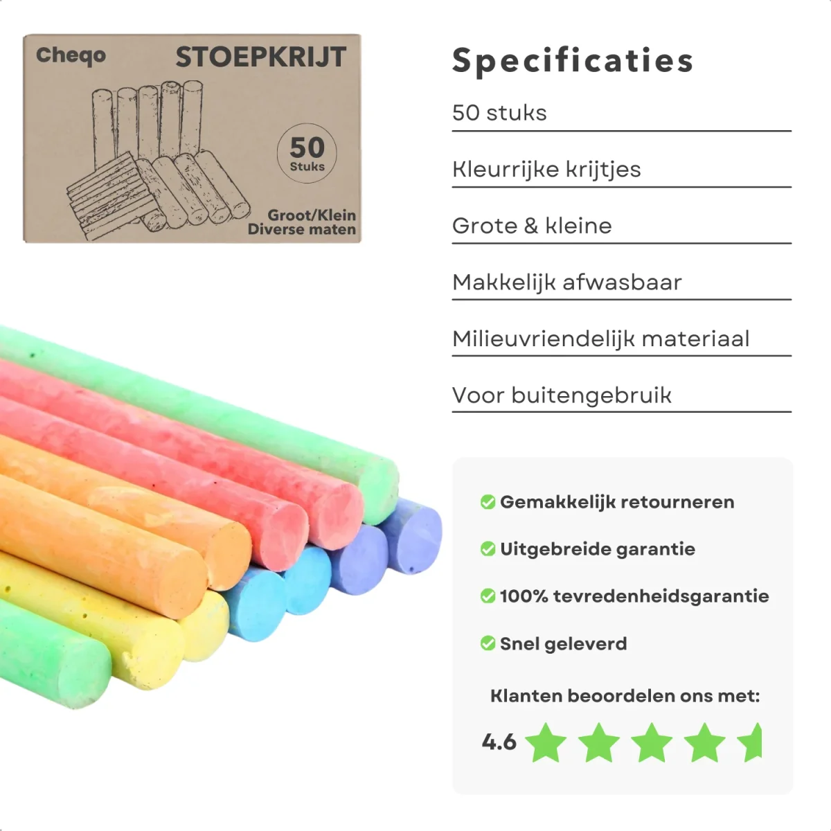 Cheqo® Stoepkrijt Set - Kleurrijk Krijt voor Kinderen - 50 Stuks - Grote en Kleine Krijtjes - Afbeelding 3