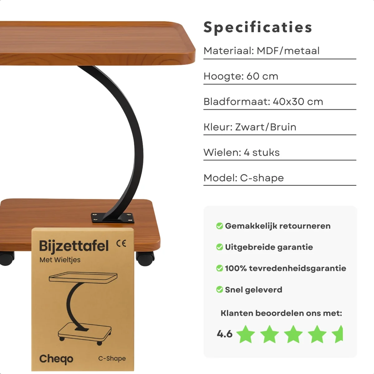 Cheqo® Bijzettafel Op Wieltjes - Moderne Bijzettafel C Vorm - Zwart Frame - Vintage Bruin Blad - MDF En Metaal - Zwenkwielen - Zonder Wieltjes - Opstaande Rand - Bijzettafel Woonkamer - Bijzettafel Industrieel - Bijzettafel Bank - Afbeelding 3
