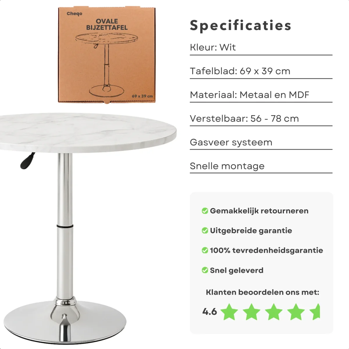Cheqo® Luxe Ovale Bijzettafel - Verstelbare Ovale Tafel - Marmer Look - Salontafel Draaibaar - MDF & Metaal - Wit - Afbeelding 3