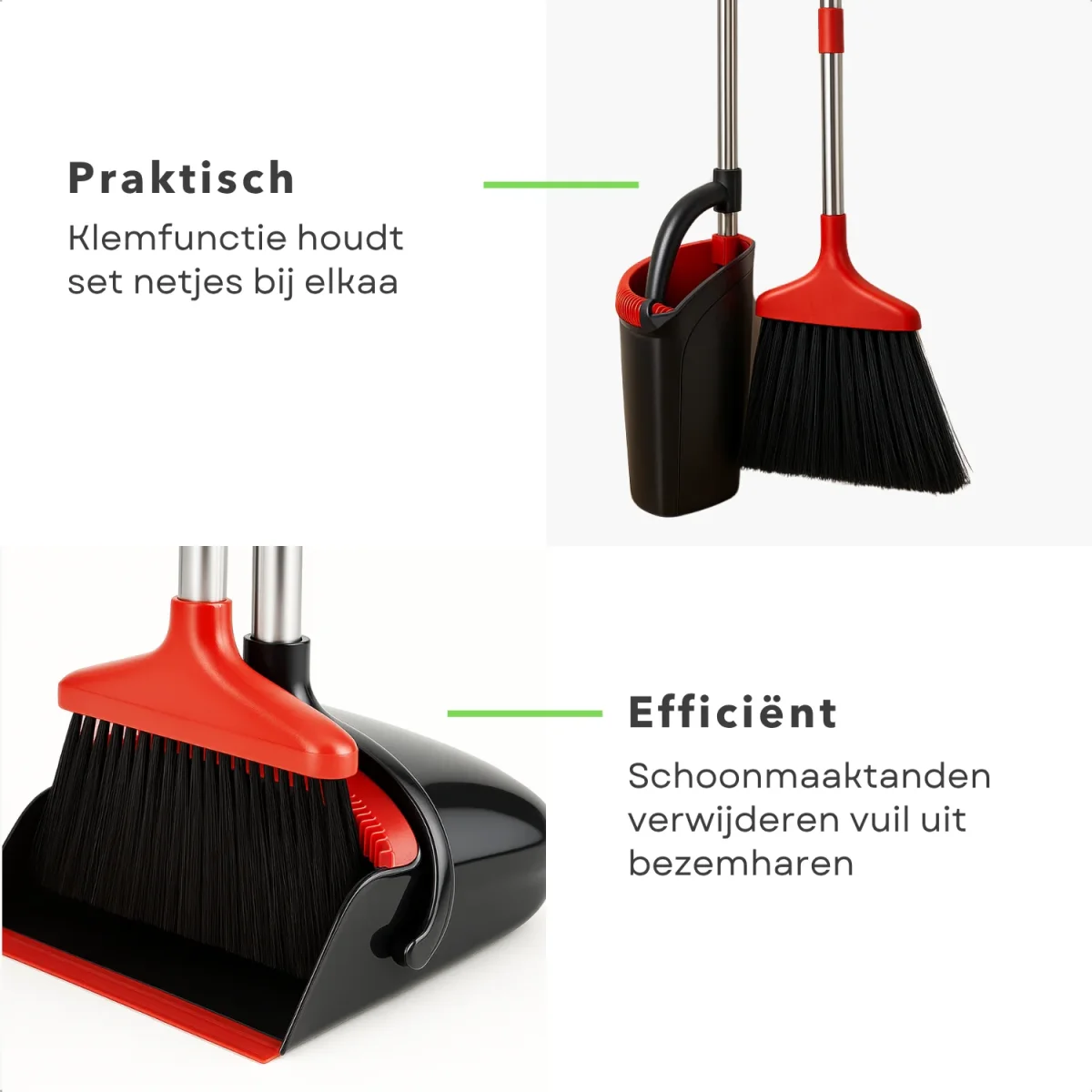 Cheqo® Stoffer en Blik met Lange Steel- Verstelbaar tot 145 cm - Bezem voor Binnen en Buiten - Zwart en Rood - Afbeelding 4