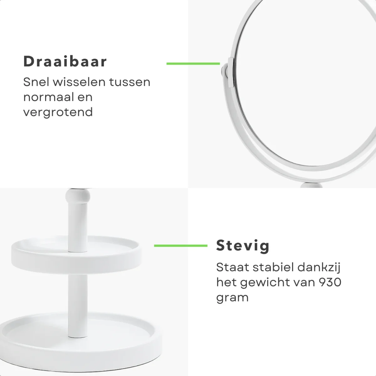 Cheqo® Make-Up Spiegel met Oganizer - Scheer Spiegel - Vergroot Spiegel - Makeup Spiegel met Houder - Wit - Dubbelzijdig - Metaal - Afbeelding 4