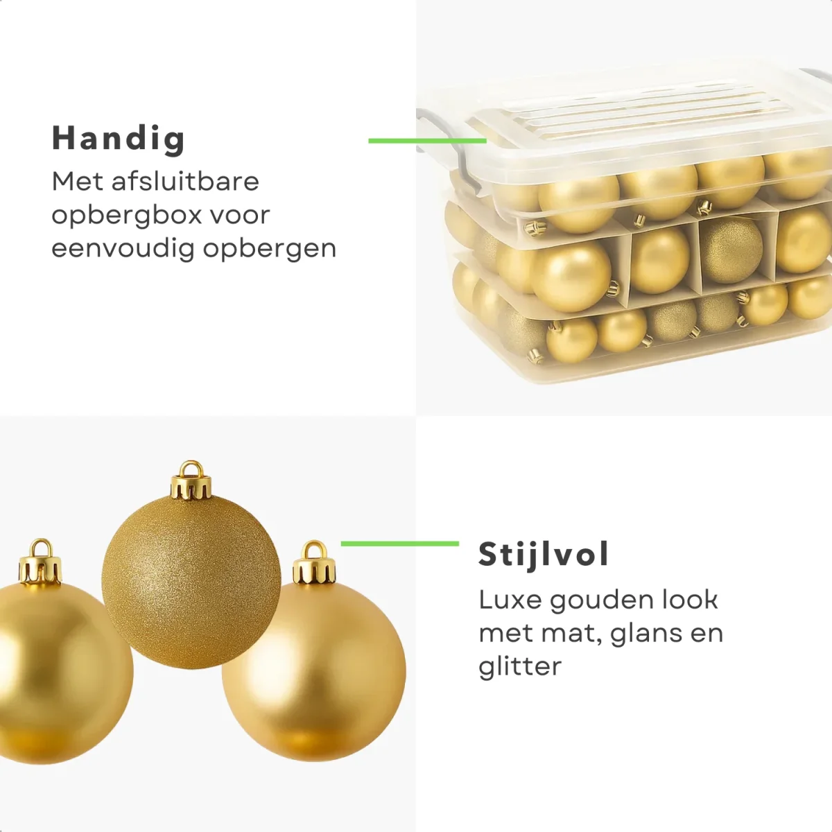 Cheqo® Kerstballen Set Goud - 70 Stuks Kerstballen - Kunststof Kerstballen - Opbergbox Inbegrepen - Mat Glanzend Glitter - Opbergdoos - Kerstversiering Goud - Kerstboom Decoratie - Gouden Kerstballen - Afsluitbaar Deksel - Afbeelding 4