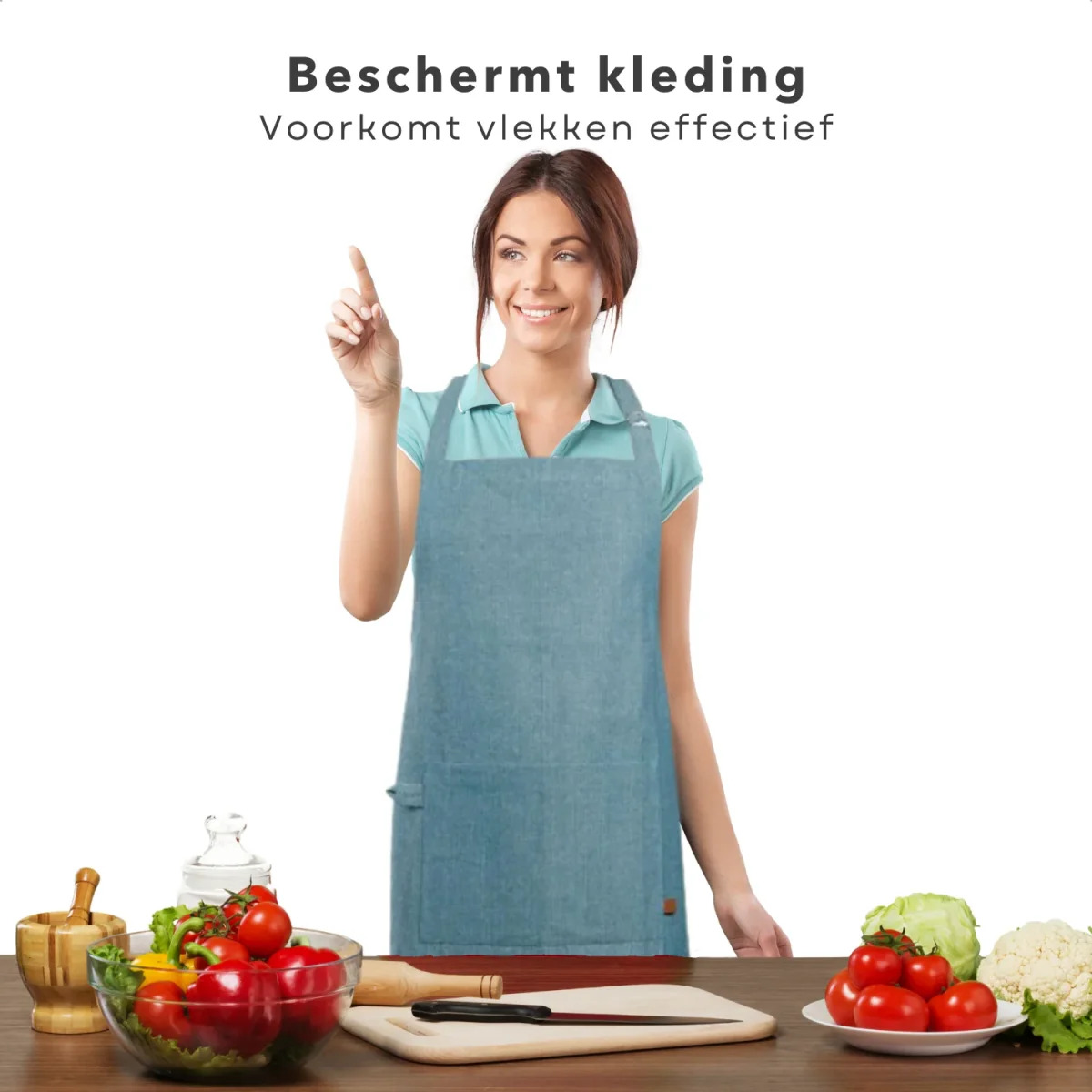 Cheqo® Blauw Katoen Keukenschort - Kookschort - Schort - Verstelbaar Unisex - Met Zakken - Duurzaam Koken - Afbeelding 5