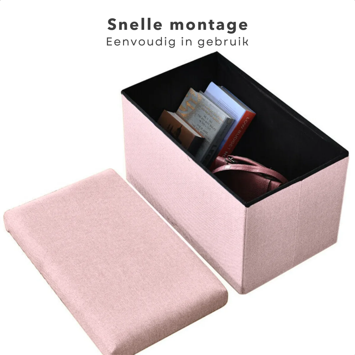 Cheqo® Opvouwbare Poef Met Opbergruimte - Roze - Grote Opbergbox - Organizer - Voetenbankje - Hocker - MDF en Katoen - Afbeelding 5