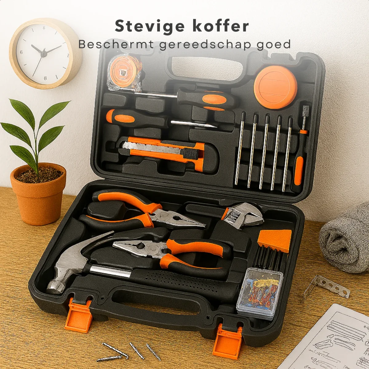 Cheqo® Gereedschapset Voor Beginners - 45-Delige Gereedschapset - Klauwhamer - Schroevendraaiers - Tangen - Imbussleutels - Multi-Schroevendraaiers - Afbreekmes - Rolbandmaat - Isolatietape - Spanningzoeker - Kunststof Opbergkoffer - Afbeelding 5