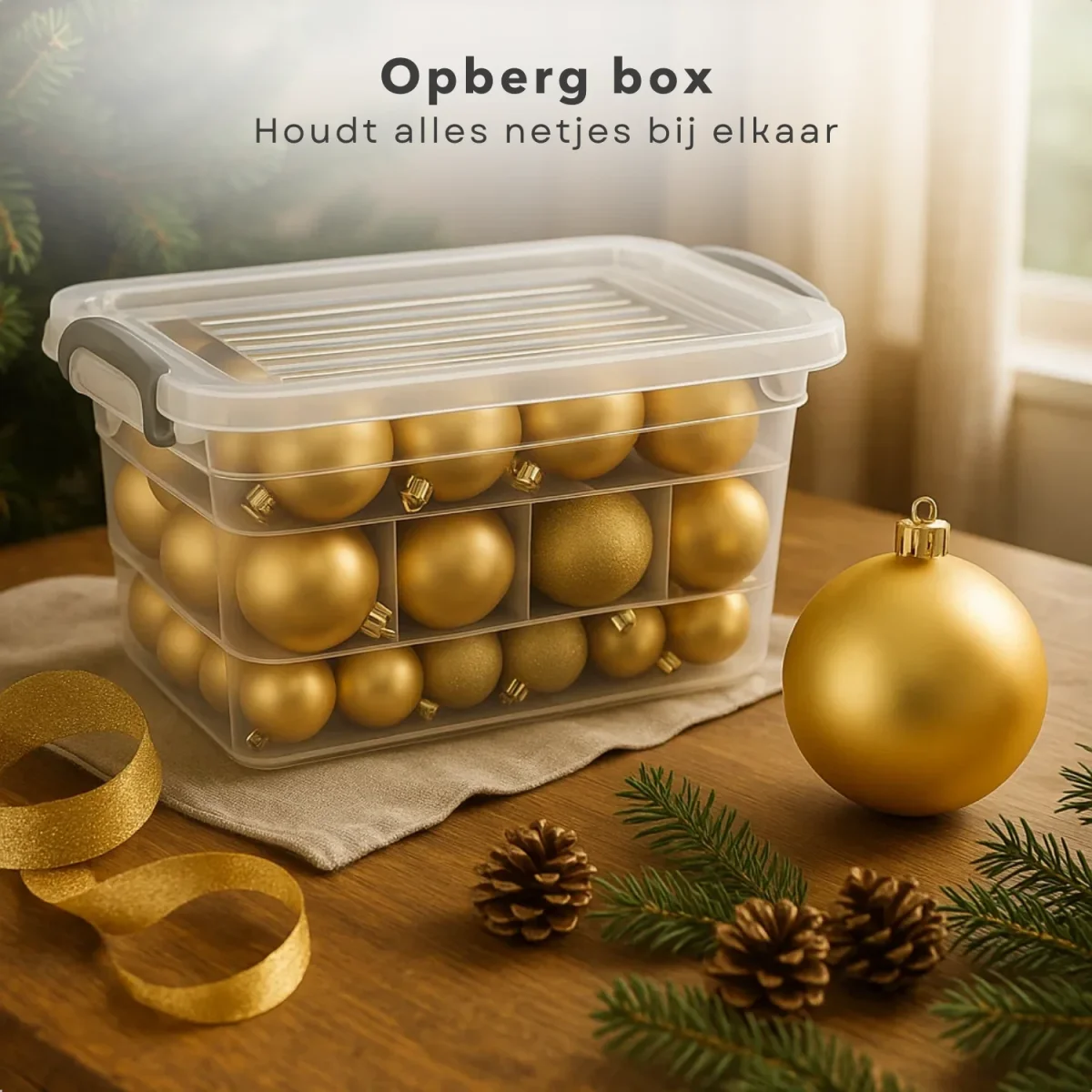 Cheqo® Kerstballen Set Goud - 70 Stuks Kerstballen - Kunststof Kerstballen - Opbergbox Inbegrepen - Mat Glanzend Glitter - Opbergdoos - Kerstversiering Goud - Kerstboom Decoratie - Gouden Kerstballen - Afsluitbaar Deksel - Afbeelding 5