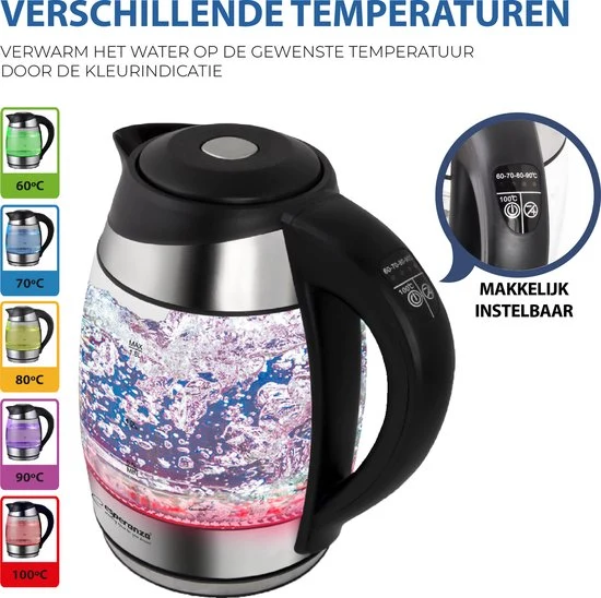 Esperanza EKK026 waterkoker - glas LED verlichting 1,7 liter - instelbare temperatuur - Afbeelding 3