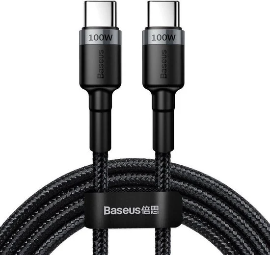 Baseus Cafule USB-C naar USB-C kabel - gewoven 5A 100W PD QC 3.0 - 2 meter - Zwart/grijs
