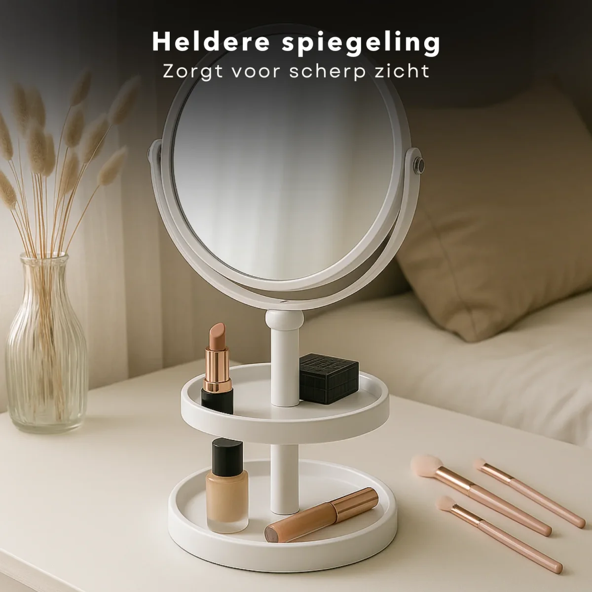 Cheqo® Make-Up Spiegel met Oganizer - Scheer Spiegel - Vergroot Spiegel - Makeup Spiegel met Houder - Wit - Dubbelzijdig - Metaal - Afbeelding 7