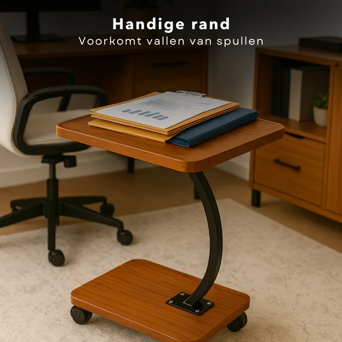 Cheqo® Bijzettafel Op Wieltjes - Moderne Bijzettafel C Vorm - Zwart Frame - Vintage Bruin Blad - MDF En Metaal - Zwenkwielen - Zonder Wieltjes - Opstaande Rand - Bijzettafel Woonkamer - Bijzettafel Industrieel - Bijzettafel Bank - Afbeelding 7