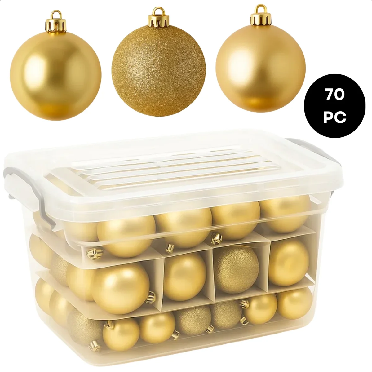 Cheqo® Kerstballen Set Goud - 70 Stuks Kerstballen - Kunststof Kerstballen - Opbergbox Inbegrepen - Mat Glanzend Glitter - Opbergdoos - Kerstversiering Goud - Kerstboom Decoratie - Gouden Kerstballen - Afsluitbaar Deksel - Afbeelding 8