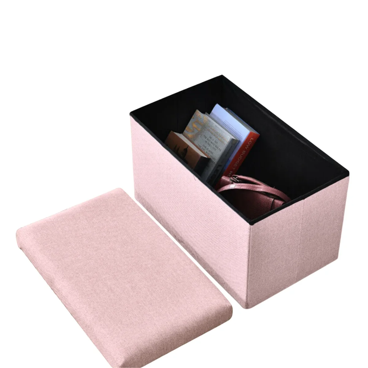 Cheqo® Opvouwbare Poef Met Opbergruimte - Roze - Grote Opbergbox - Organizer - Voetenbankje - Hocker - MDF en Katoen - Afbeelding 9