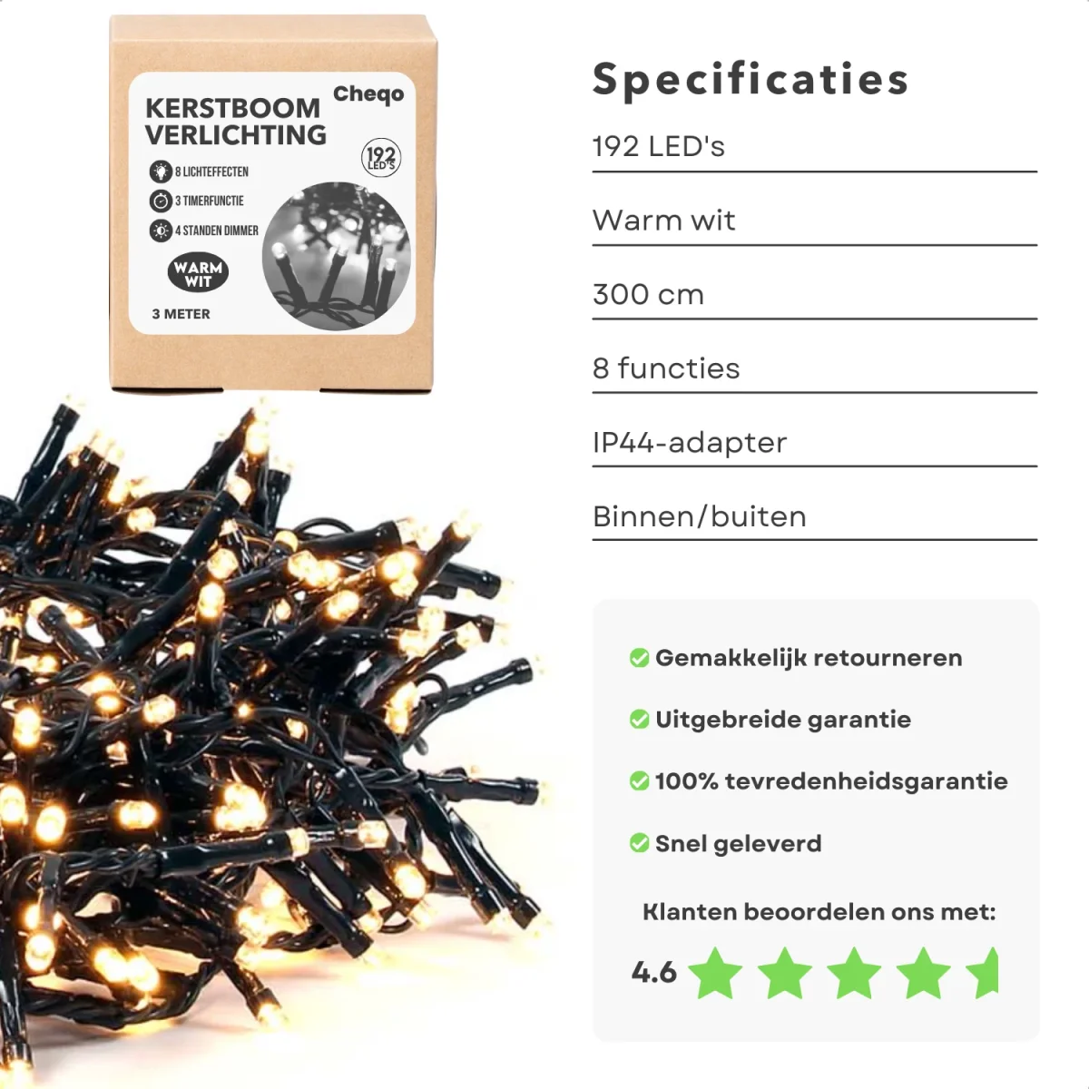 Cheqo® Kerstverlichting - Kerstlampjes - Kerstboomverlichting - LED - Warm Wit - 192 LED's - Timer Functie - Buiten & Binnen - Afbeelding 3