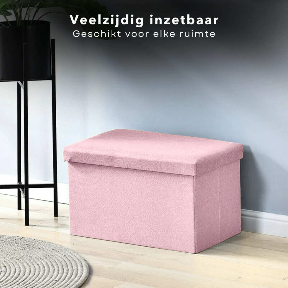 Cheqo® Opvouwbare Poef Met Opbergruimte - Roze - Grote Opbergbox - Organizer - Voetenbankje - Hocker - MDF en Katoen - Afbeelding 7