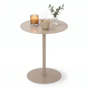 Cheqo® Bijzettafel - Rond - Metaal - Salontafel voor Woonkamer - Beige - Nachtkastje voor Slaapkamer - Sidetable - Koffietafel - Zandkleur - Sofatafel - Woonkamertafel - Nachttafel - Banktafel - Bijzettafeltje - Tafeltje - Ronde Tafel
