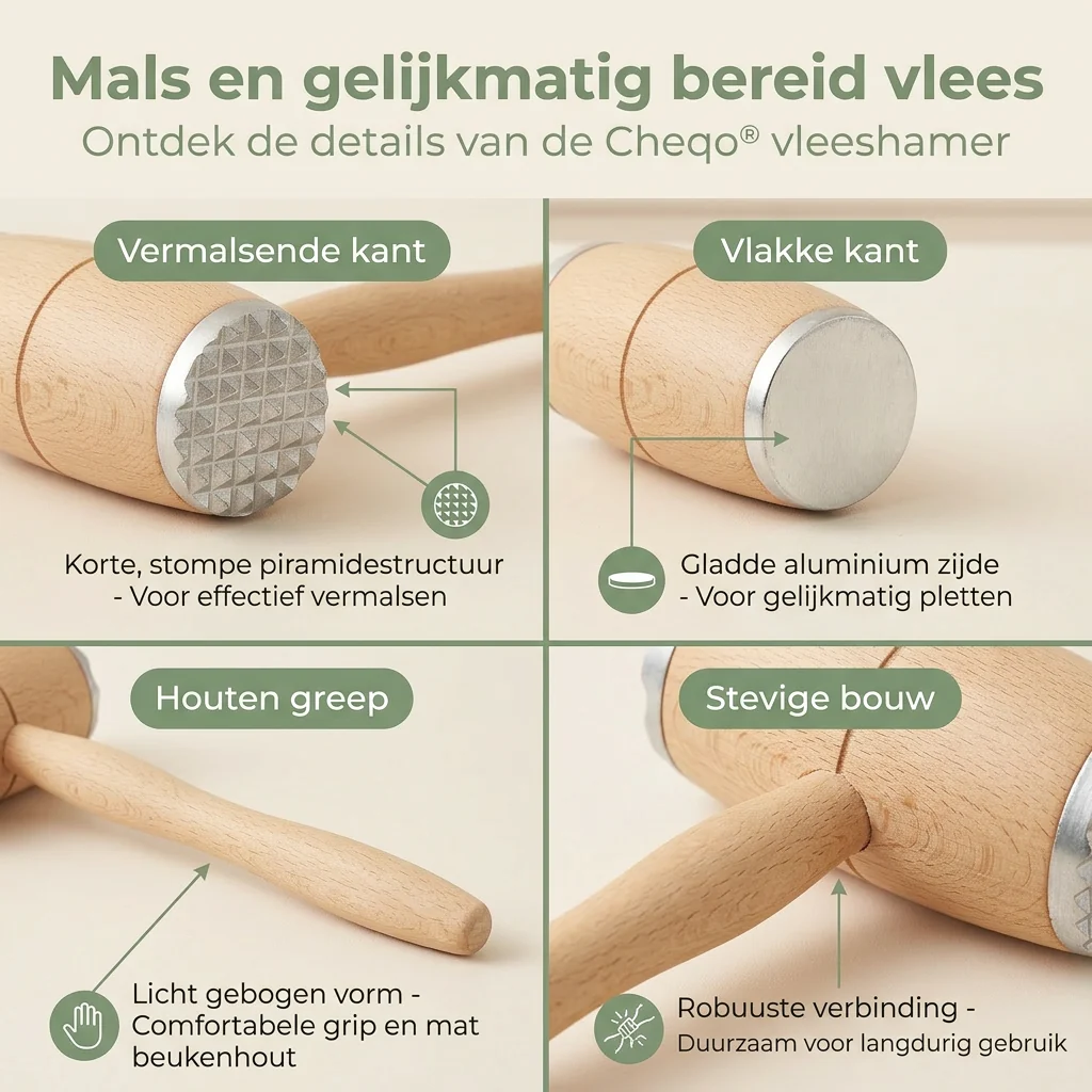 Cheqo® Vleeshamer - Vleesklopper - Vleesvermalser - Vleeshamer Dubbelzijdig - Dubbelzijdige Vleeshamer - Vleeshamer Keuken - Vleeshamer BBQ - Vleeshamer Schnitzel - Schnitzelhamer - Steakhamer - Afbeelding 4
