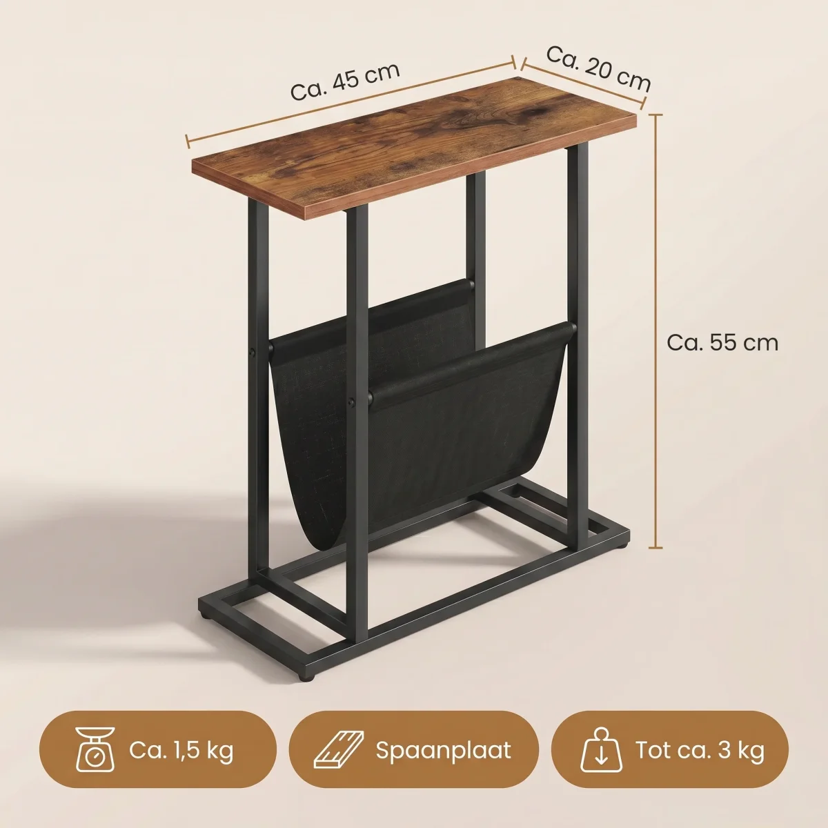 Cheqo® Bijzettafel met Tijdschriftenhouder - Lectuurbak - Tijdschriftenrek - Krantenbak - Nachtkastje - Sidetable voor Woonkamer en Slaapkamer - Telefoontafel - Banktafel - Magazinehouder - Metalen Frame - Zwart en Bruin - Sofa Tafel - Afbeelding 6