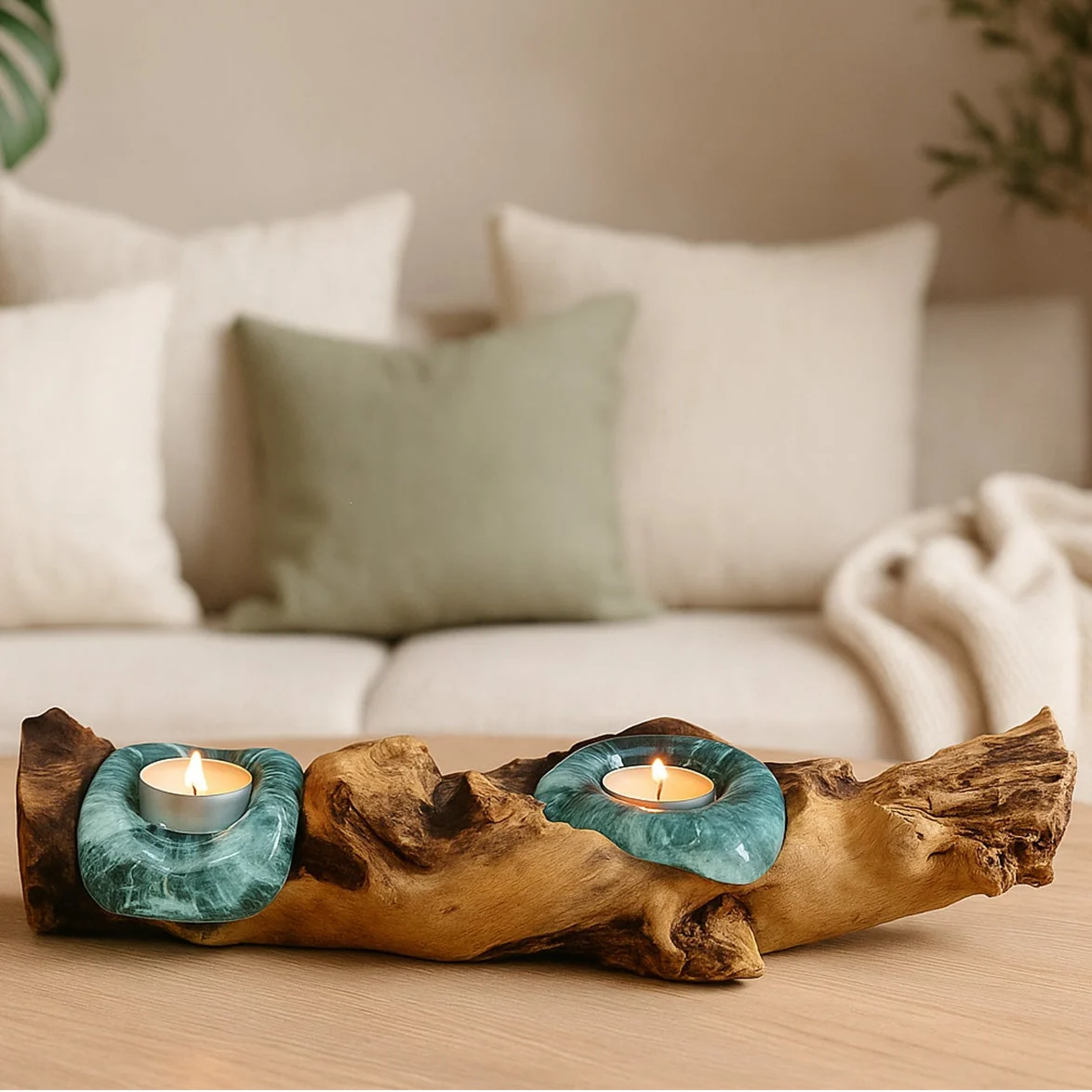 Theelichthouder glas hout – tafeldecoratie
